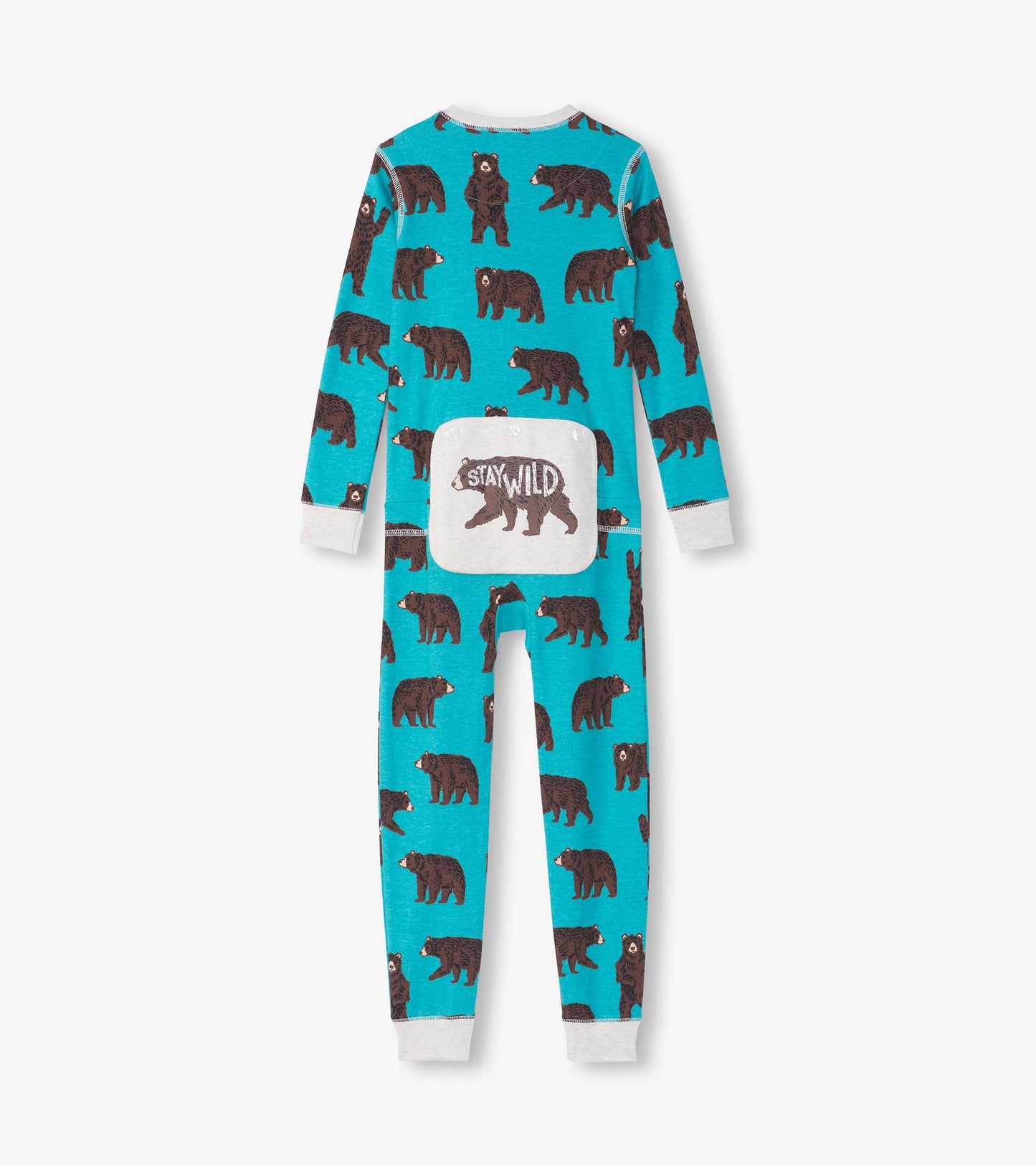 Turquoise onesie featuring brown bear prints and a "Stay Wild" patch on the back. Long sleeves and fitted legs.