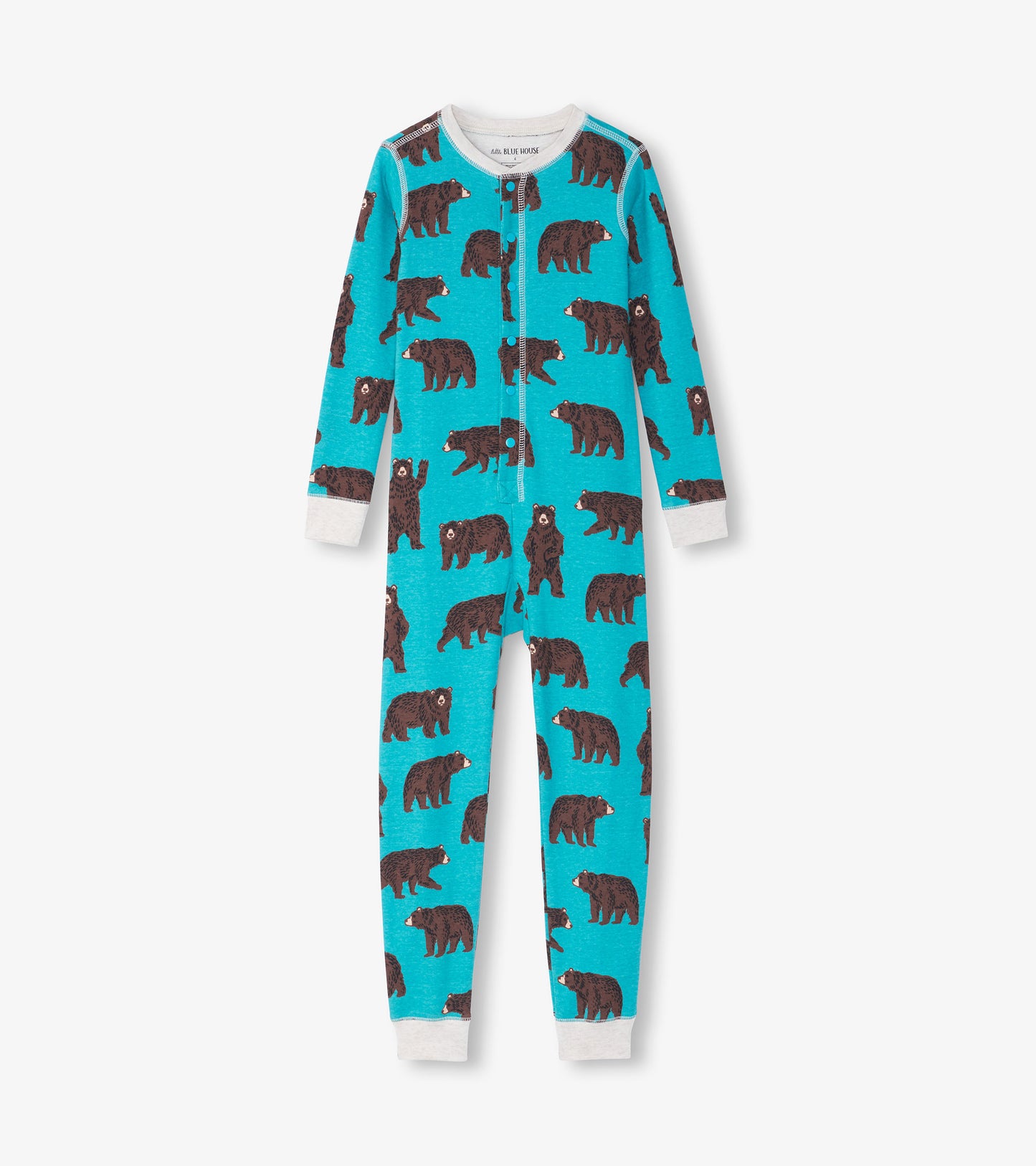 Turquoise onesie featuring a playful brown bear pattern, with long sleeves and a button-up front.