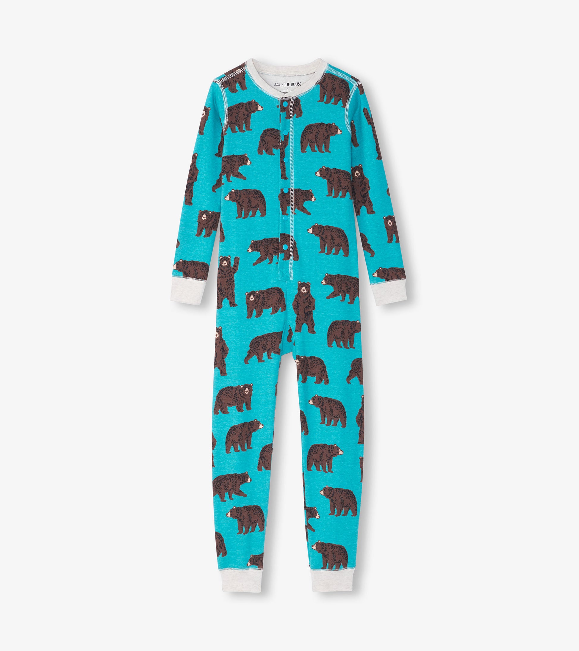 Turquoise onesie featuring a playful brown bear pattern, with long sleeves and a button-up front.