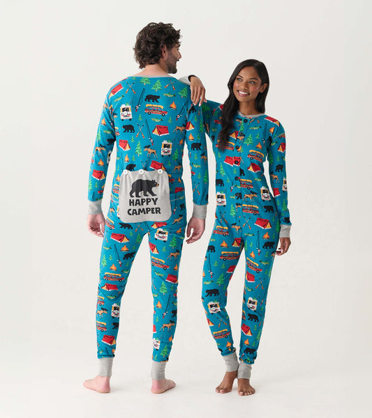 Blue long-sleeve adult onesie with camping print, gray cuffs, and back flap reading “Happy Camper”