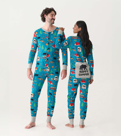 Blue camping-print adult onesie with long sleeves, button front, gray cuffs, shown on two models front and back