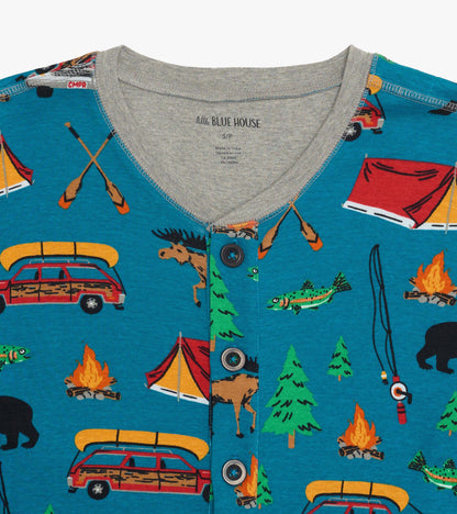 Blue adult onesie with camping print, gray ribbed collar, and button front close-up.