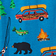 View Adult Retro Camping Onesie - Colorful pattern with vans, fish, a campfire, and a black bear on blue