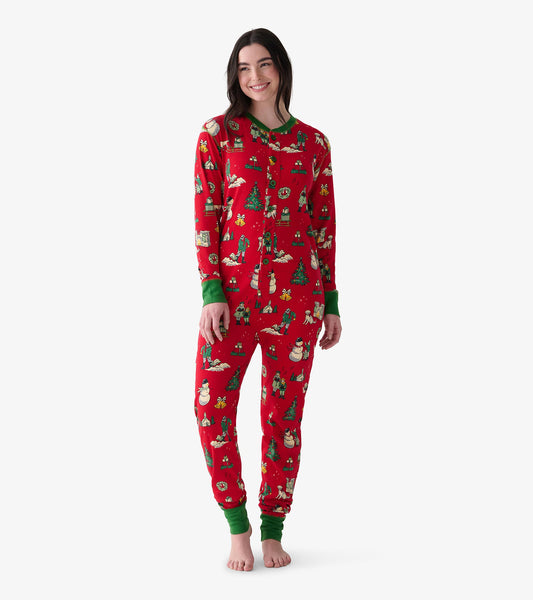 Front view of red adult Christmas onesie with green trim and vintage holiday scene print