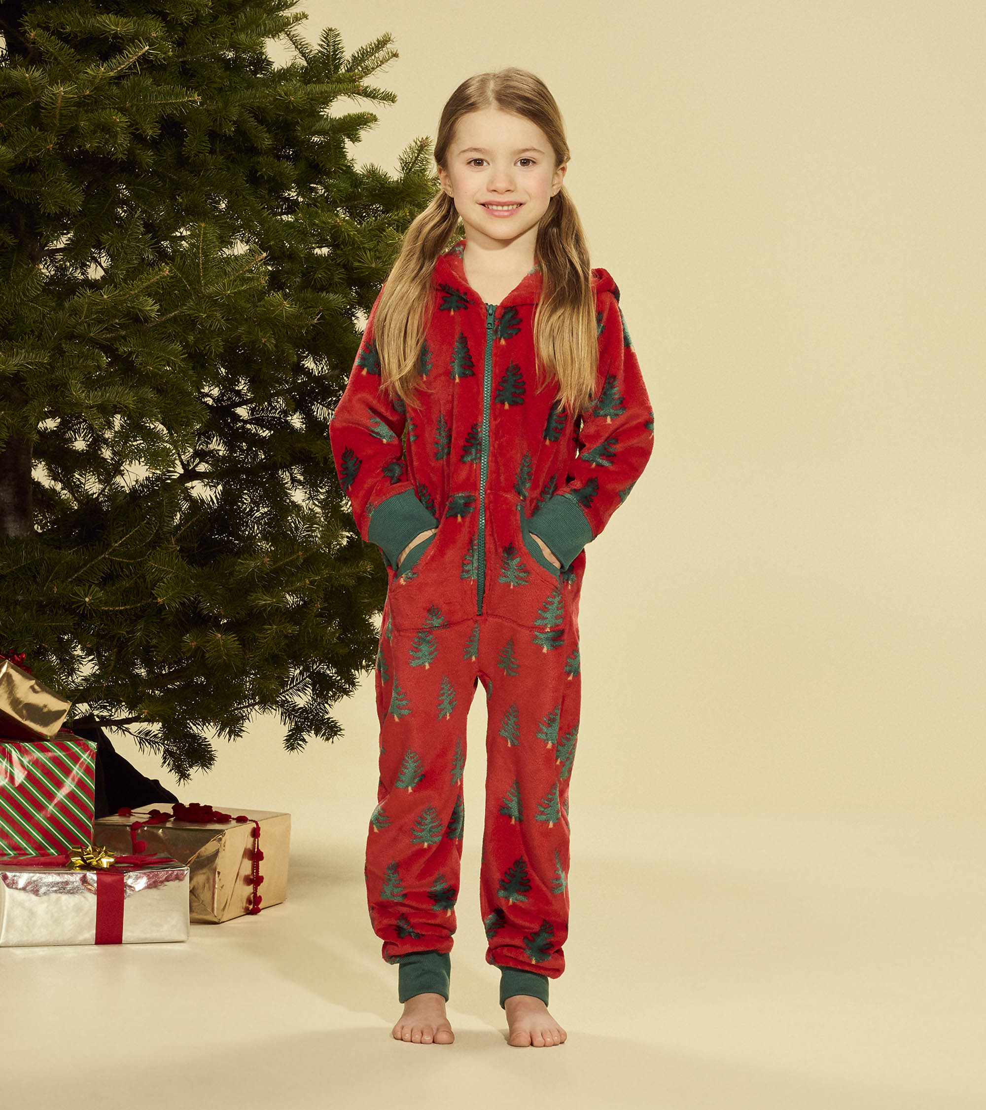 Kids Trees On Red Hooded Fleece Jumpsuit