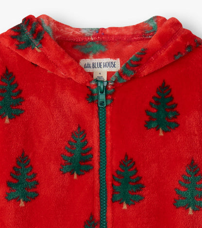 Kids Trees On Red Hooded Fleece Jumpsuit