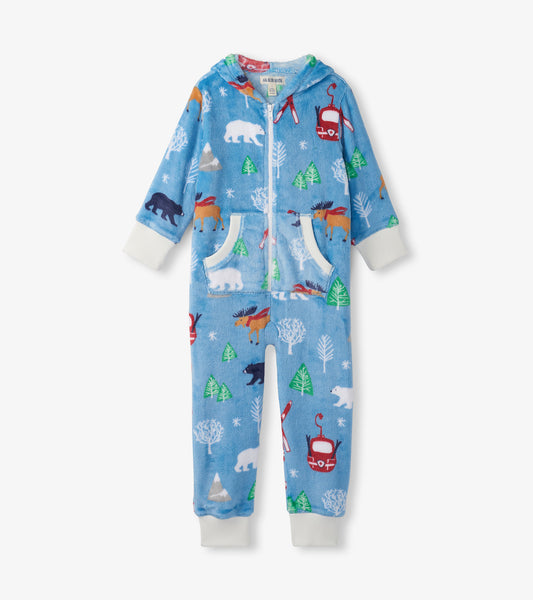 Kids Blue Vintage Ski Hooded Fleece Jumpsuit