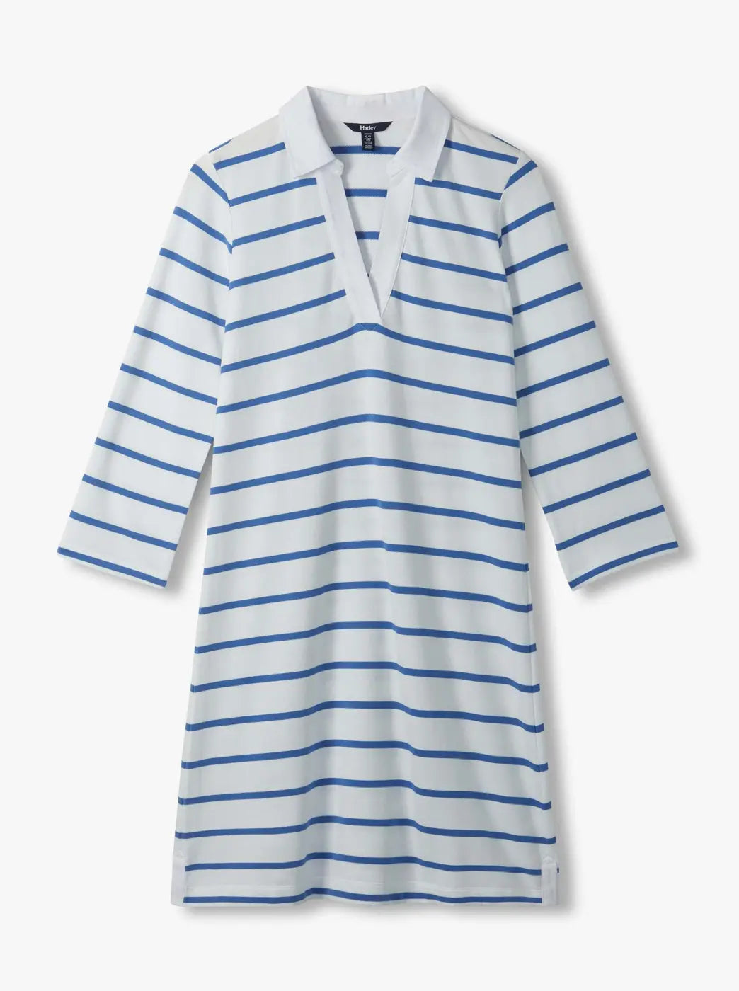 Promotes everyday dresses. Showing white long-sleeve striped dress with a split collar on a plain background.