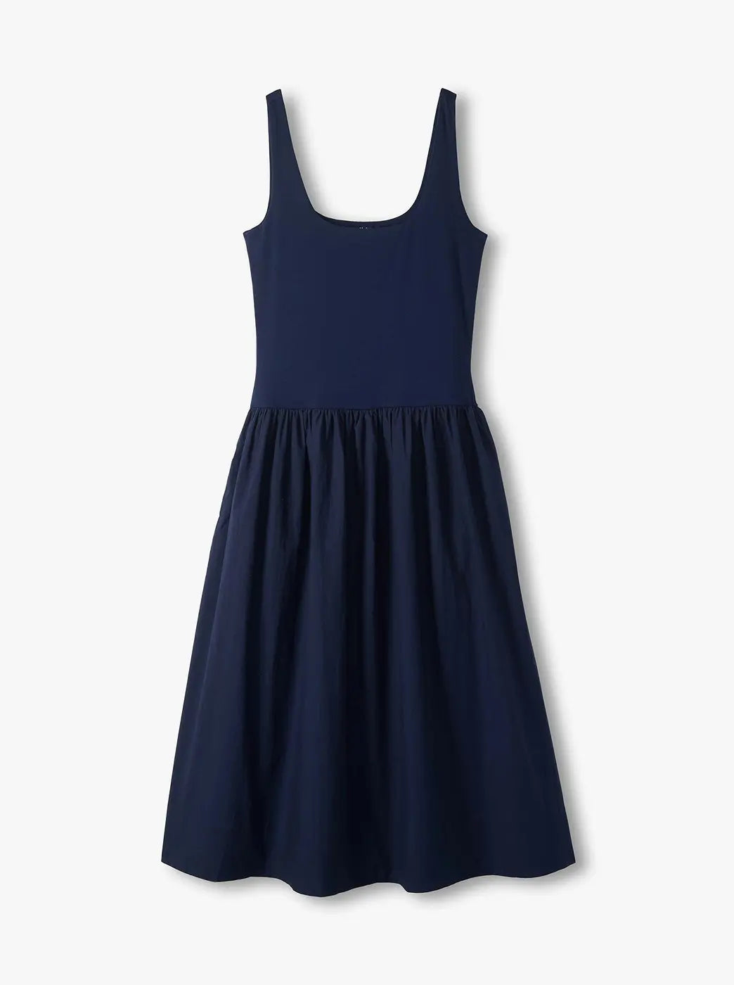 Shop midi and maxi dresses. Showing navy sleeveless fit-and-flare dress on a plain background.