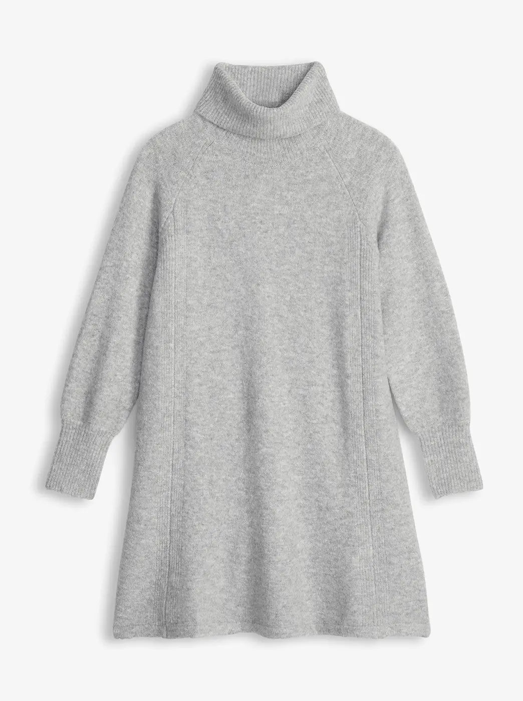 Light gray long-sleeve knit sweater dress with a turtleneck and ribbed cuffs