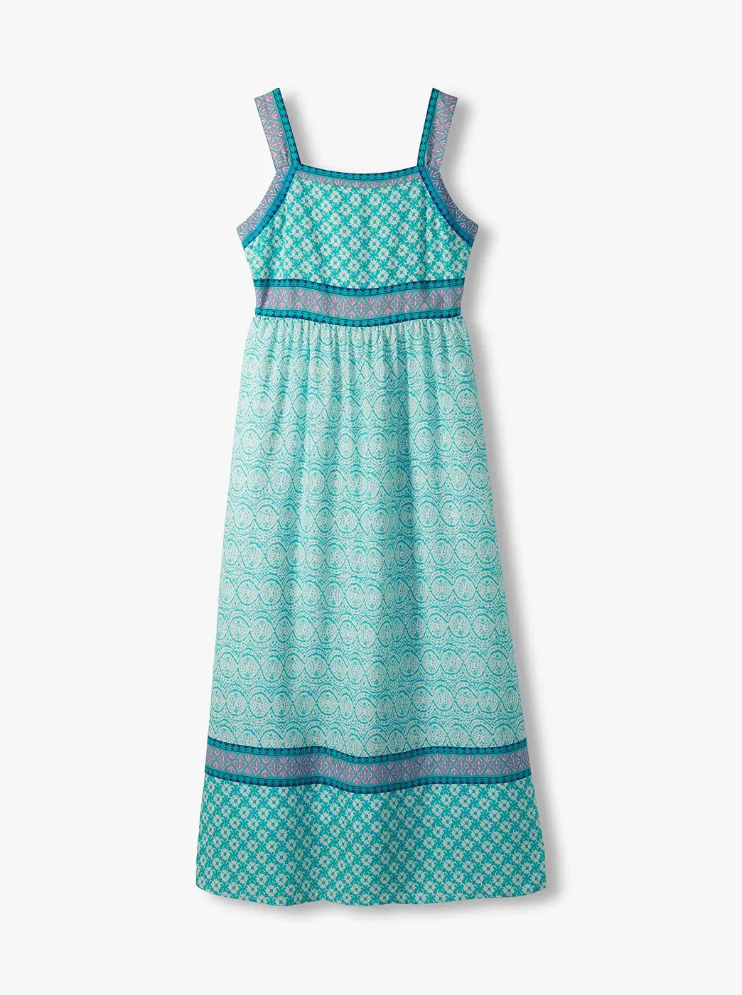 Sleeveless aqua and white patterned maxi dress with contrast trim