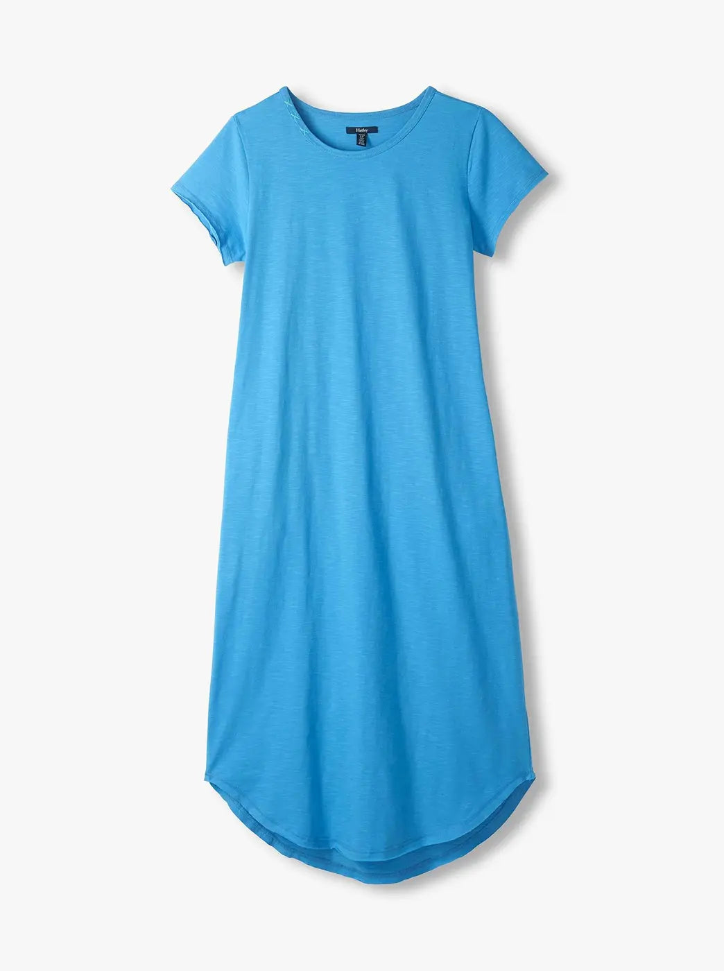 Promotes women’s dresses collection. Showing bright blue short-sleeve maxi t-shirt dress on a white background.