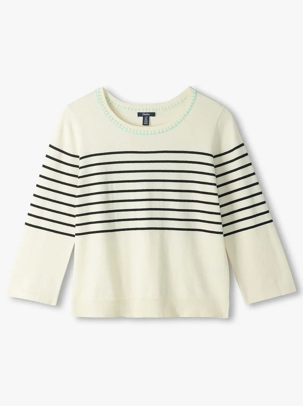 Cream long-sleeve sweater with black horizontal stripes and a crew neckline