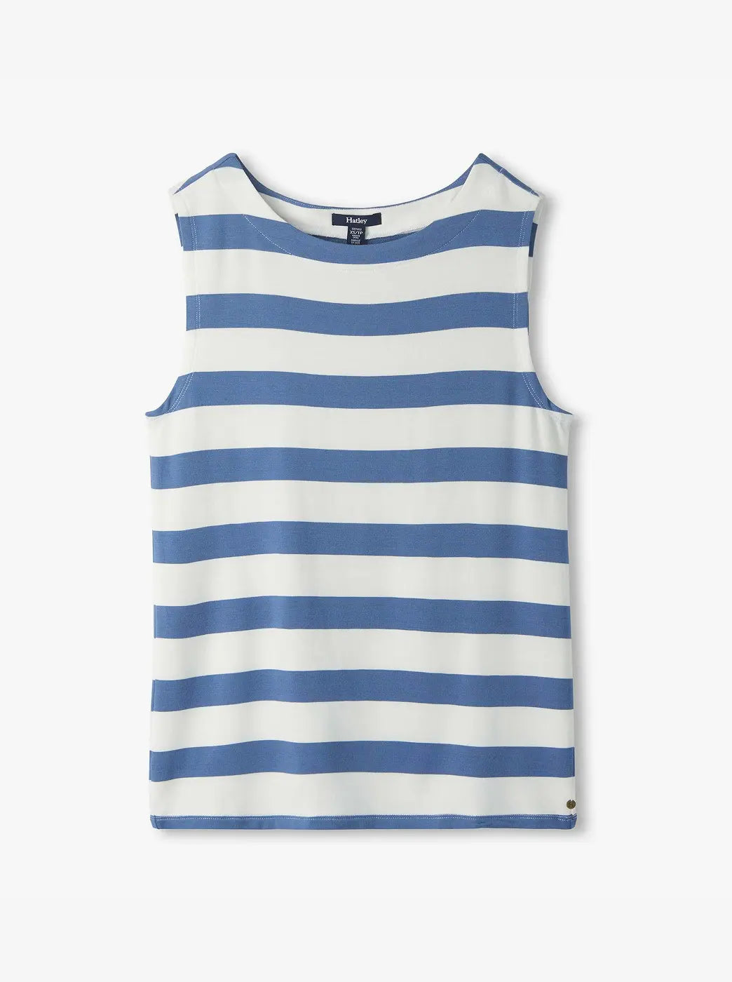 Promotes the sleeveless tops collection. Showing blue and white striped sleeveless top on a white background.