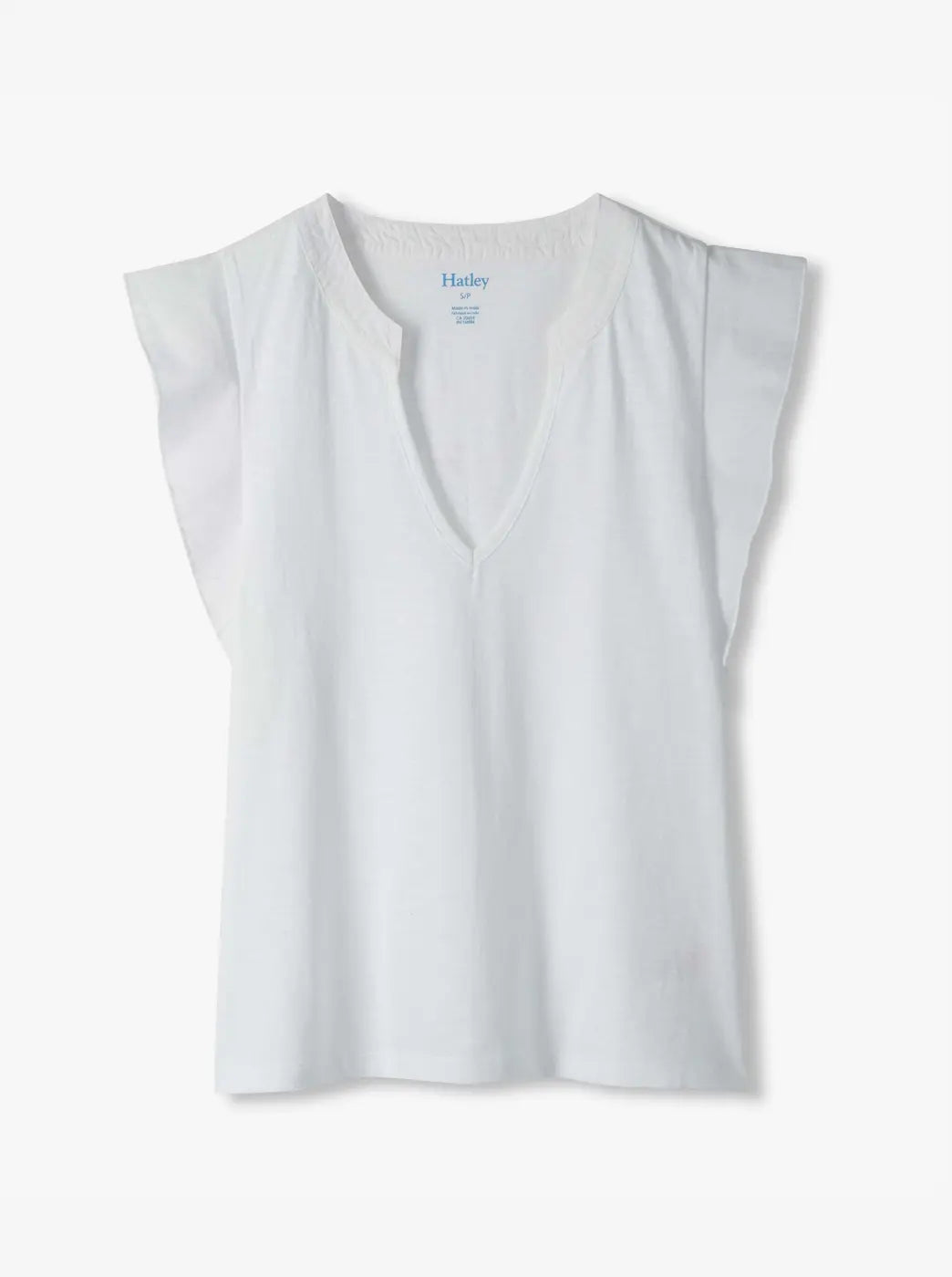 Promotes the T-shirts collection. Showing white cap-sleeve v-neck t-shirt on a plain white background.
