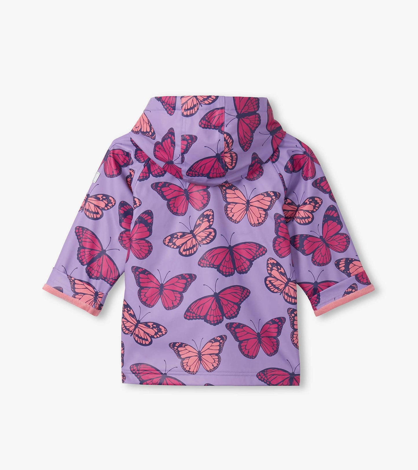 Purple hooded rain jacket with pink butterfly print and three-quarter sleeves, back view