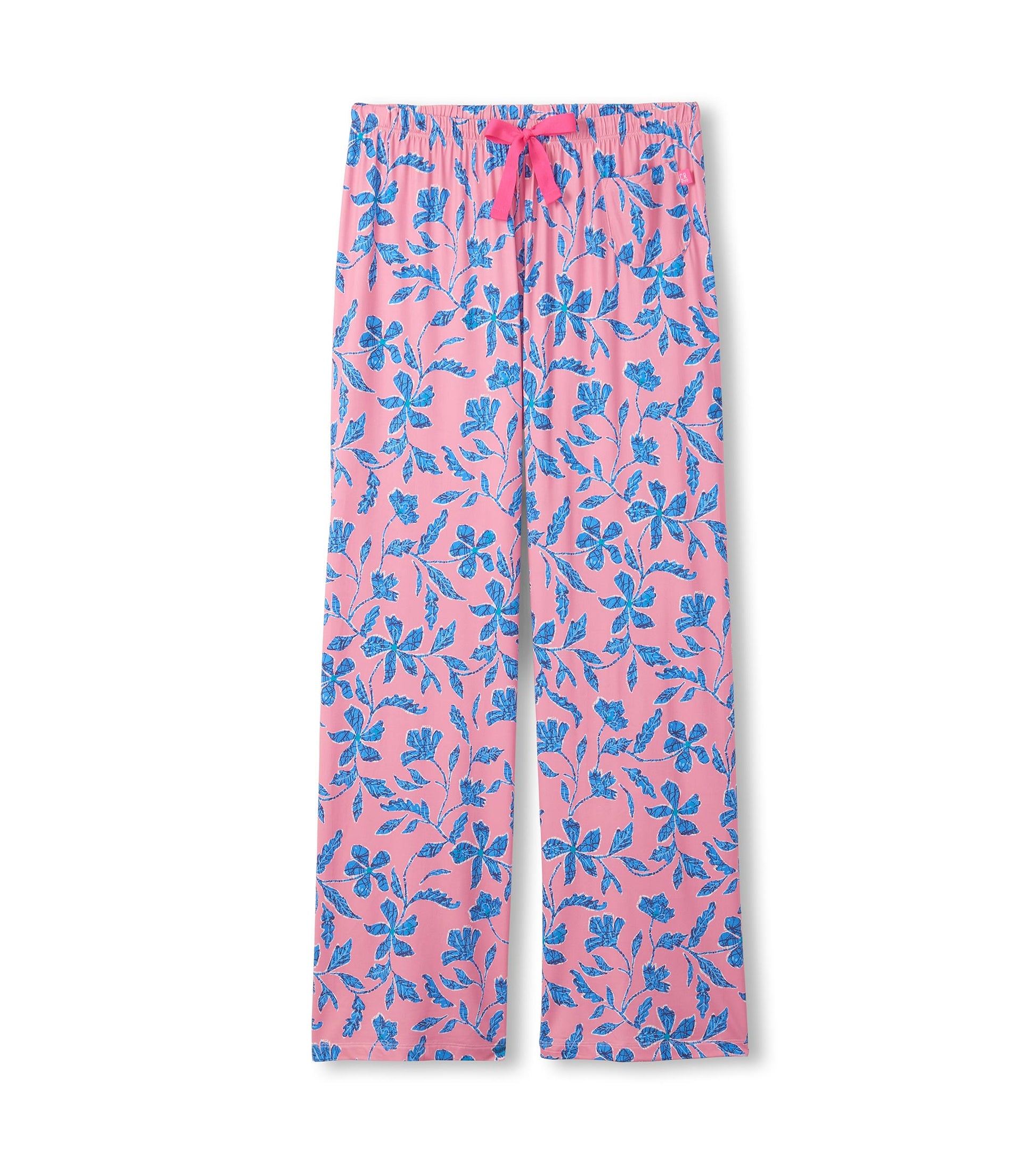 Pink polyknit pajama pants with blue floral print and drawstring waist, front view.