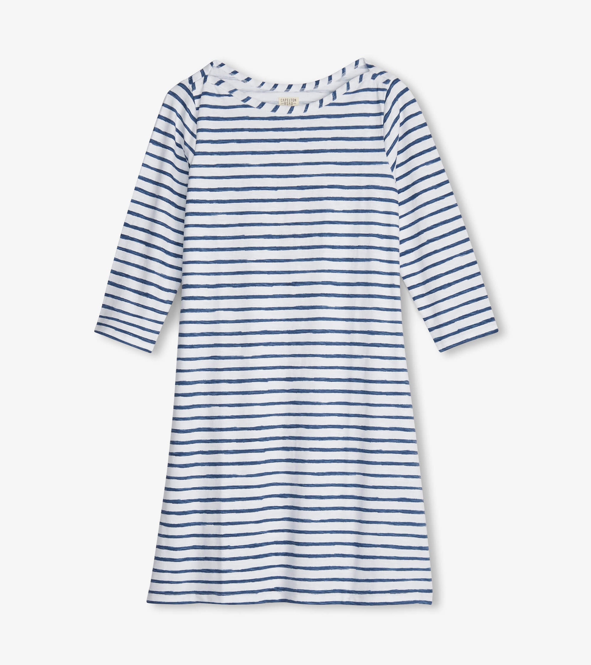 White dress with blue watercolor stripes, 3/4 sleeves, and a relaxed fit, ideal for summer wear.