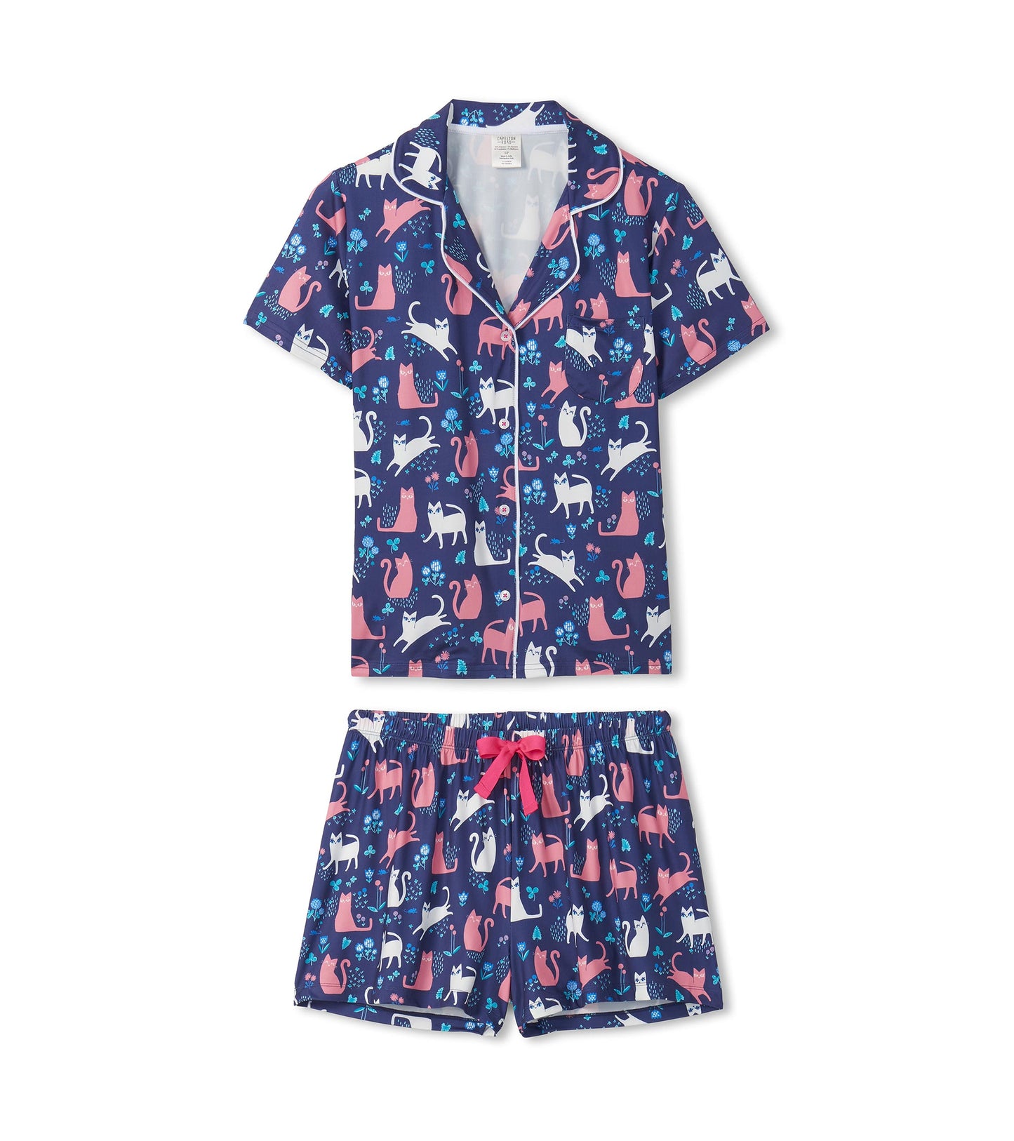 Navy short-sleeve button-down pajama set with cat and floral print, matching shorts with pink drawstring.