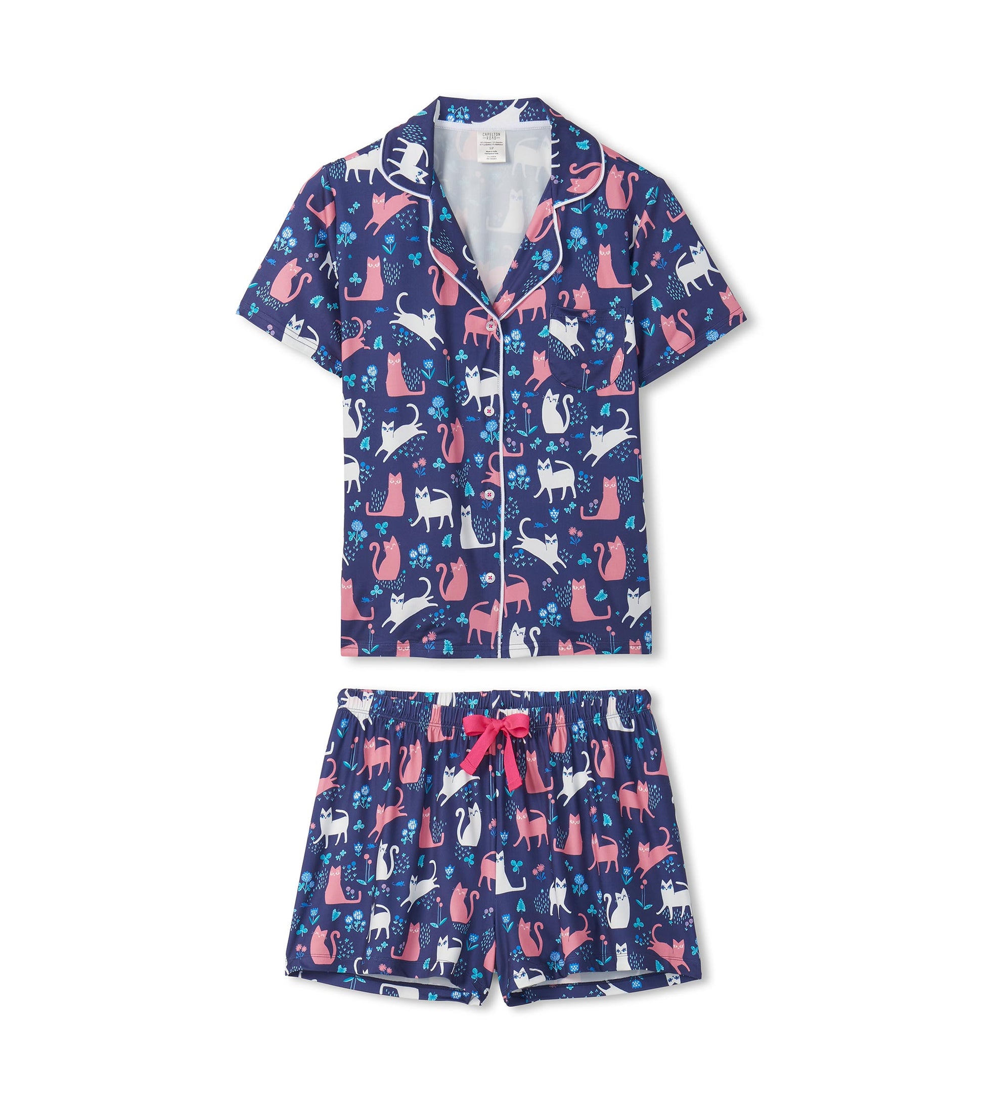 Navy short-sleeve button-down pajama set with cat and floral print, matching shorts with pink drawstring.