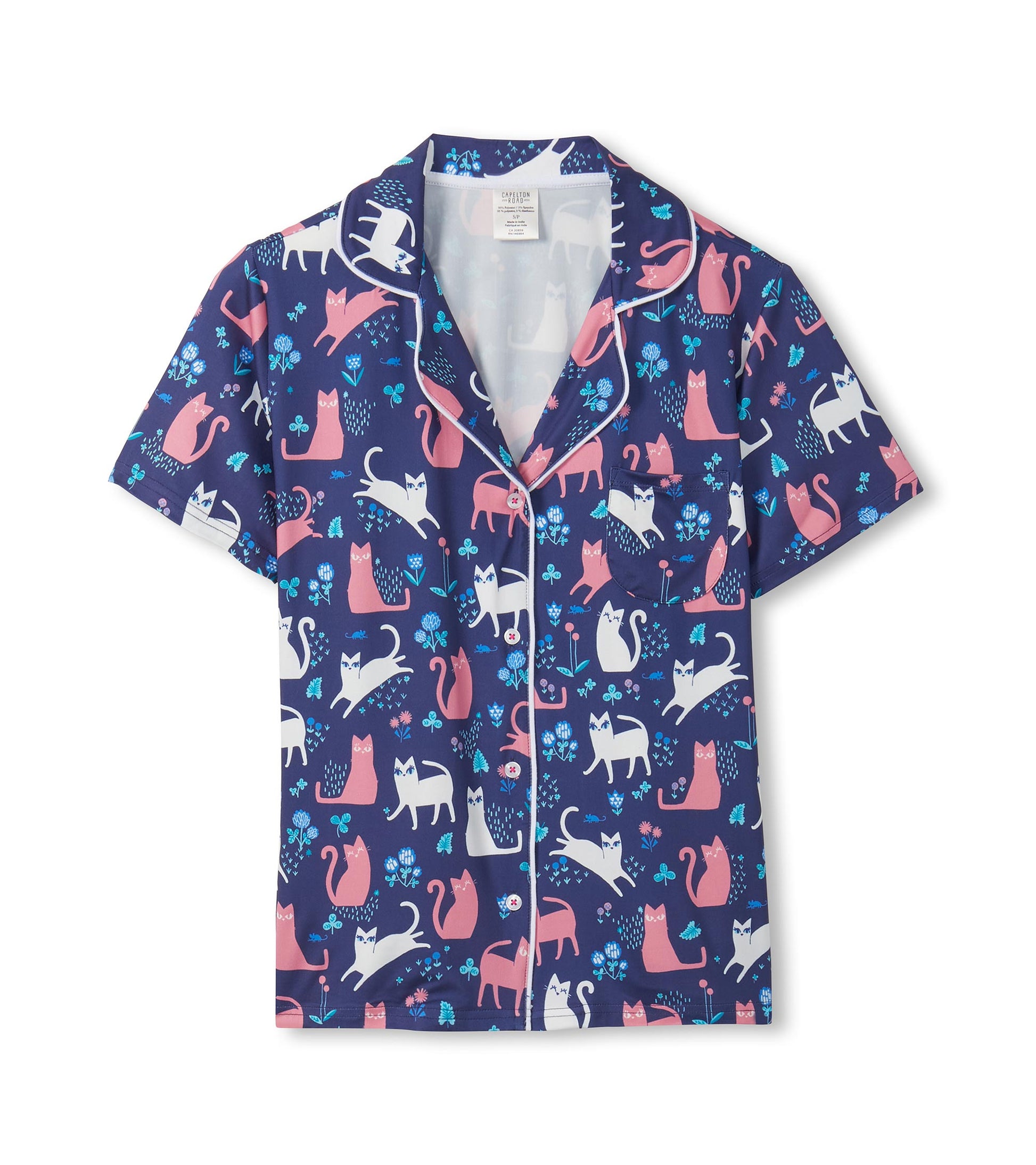 Navy short-sleeve button-down pajama top with pink and white cat print and light blue floral accents