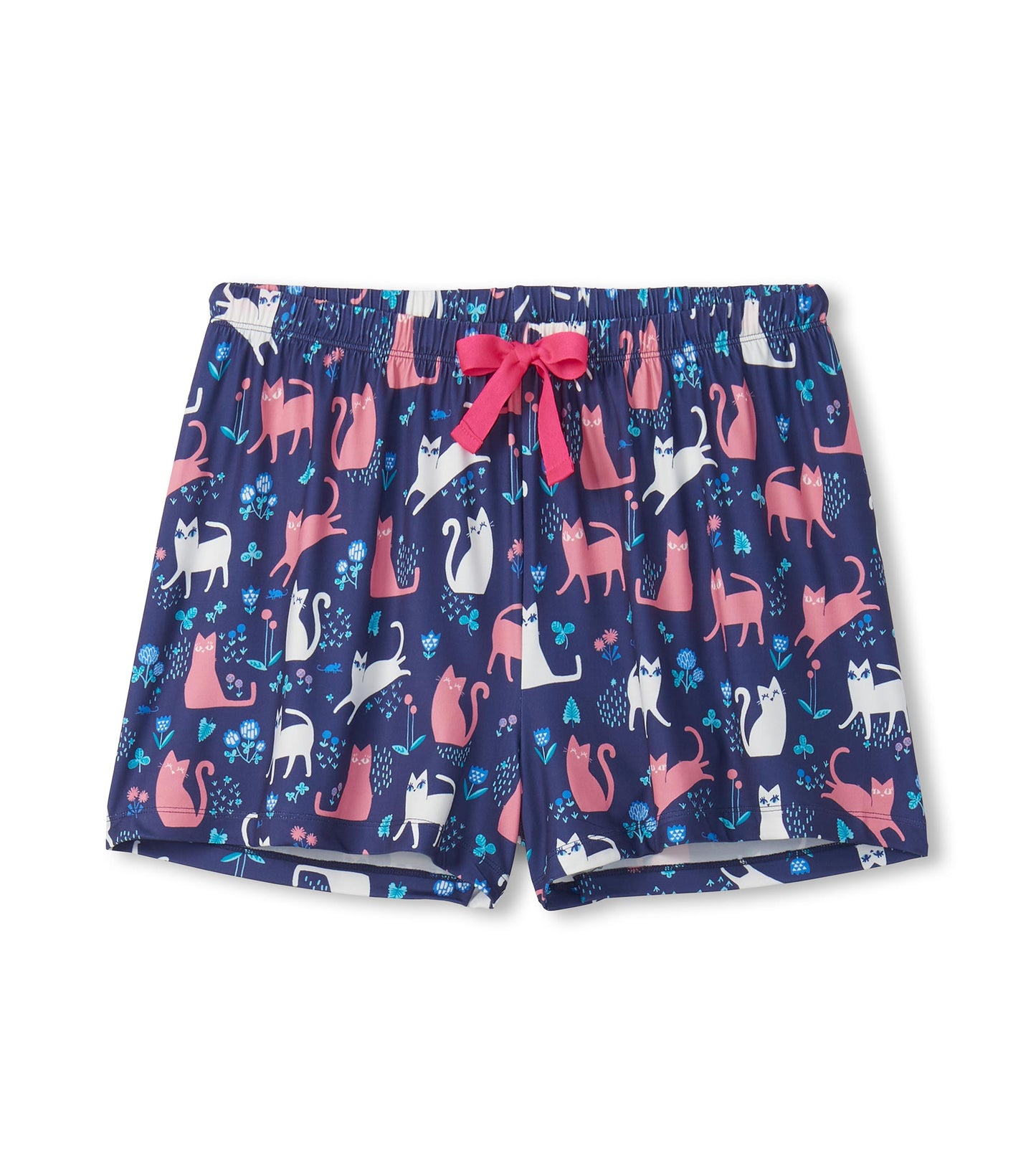Navy knit pajama shorts with pink and white cat print, elastic waistband, and pink drawstring.