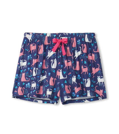 Navy knit pajama shorts with pink and white cat print, elastic waistband, and pink drawstring.