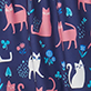 View Women's Cats Button Down Polyknit Short Pajama Set - Pink cat pattern on dark blue fabric with fish bones, yarn balls, and paw prints