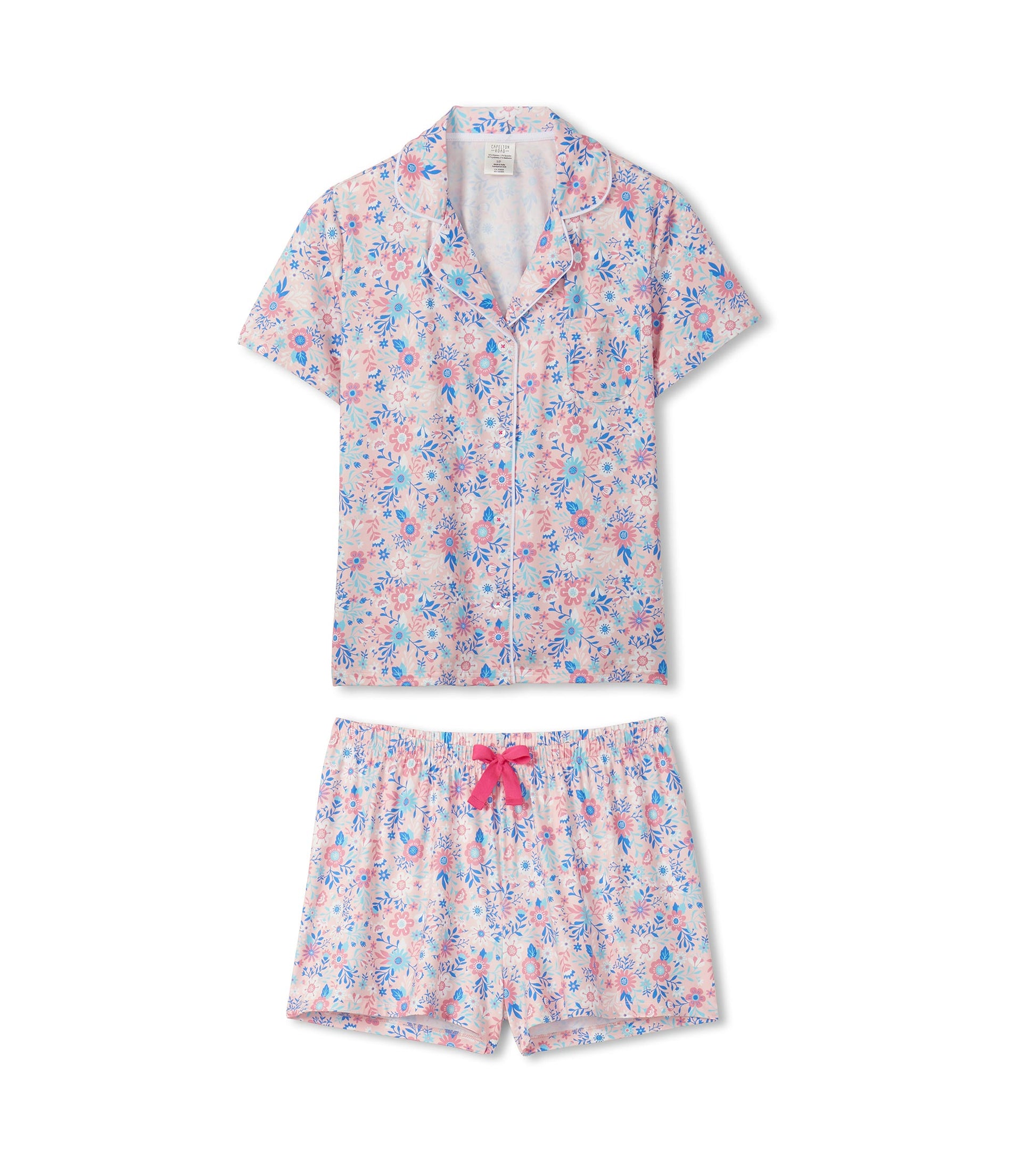 Pink and blue floral short-sleeve button-down pajama set with matching shorts and drawstring waist, front view