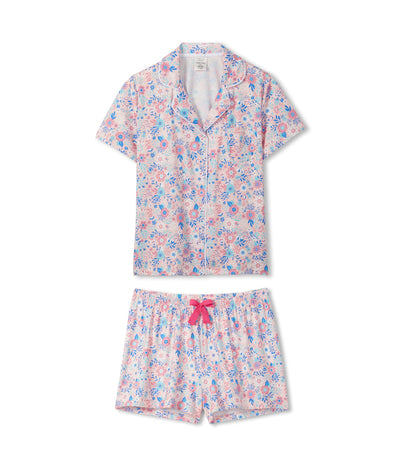 Pink and blue floral short-sleeve button-down pajama set with matching shorts and drawstring waist, front view