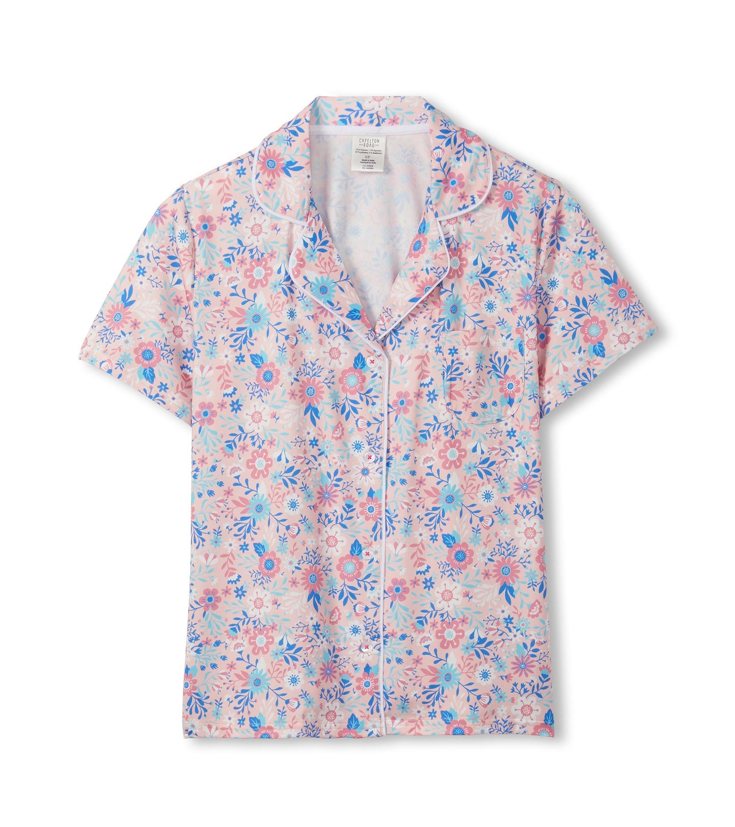 Pink short-sleeve button-down pajama top with blue and pink floral print, front view