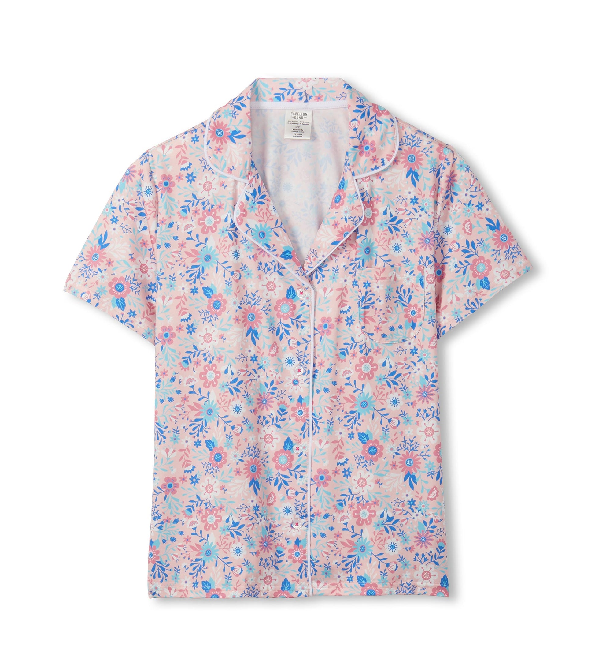 Pink short-sleeve button-down pajama top with blue and pink floral print, front view