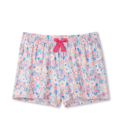 Pink floral print pajama shorts with elastic waistband and bow tie, front view