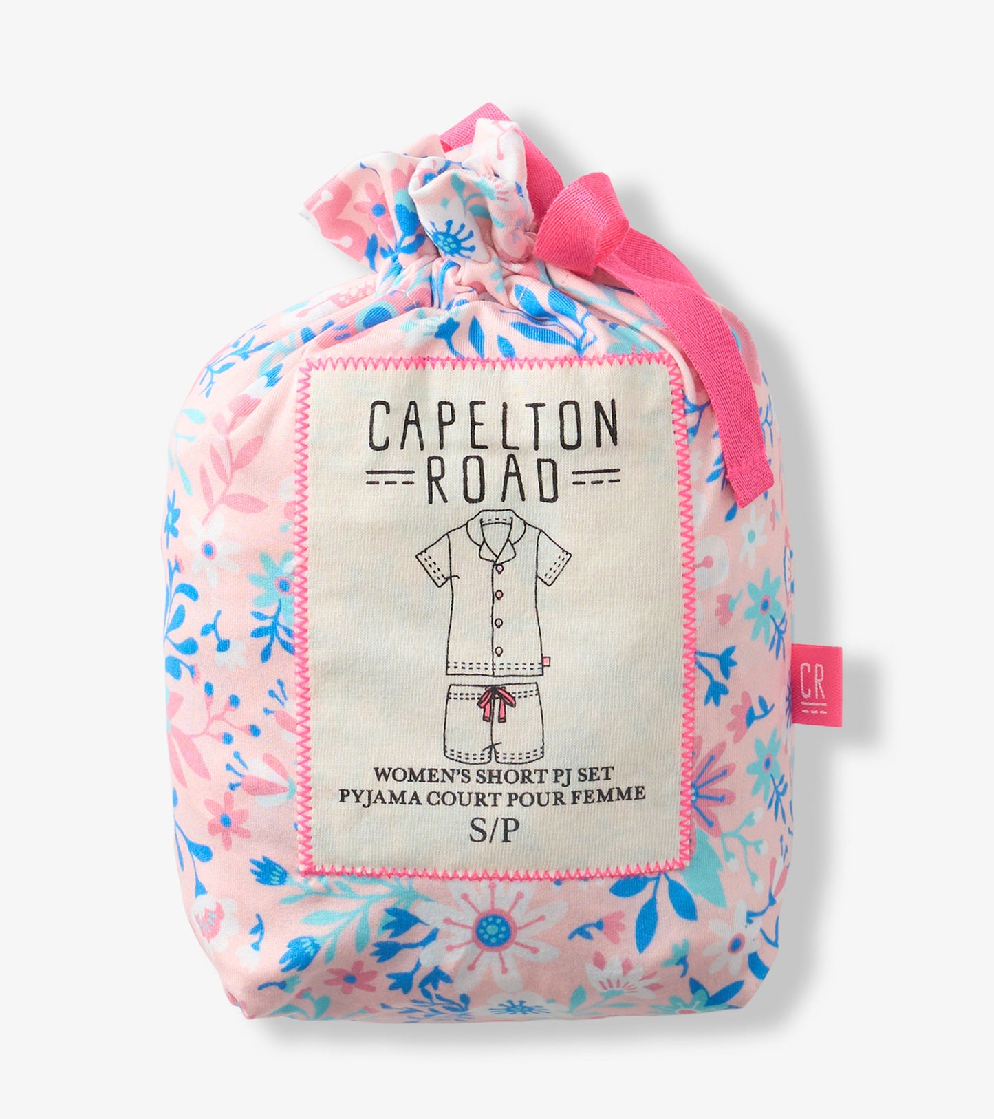Pink floral pajama set in a drawstring pouch with button-down top and shorts illustration