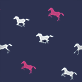 View Women's Running Horses Polyknit Pajamas Pants - Pattern of running unicorn silhouettes in white and pink on a dark background