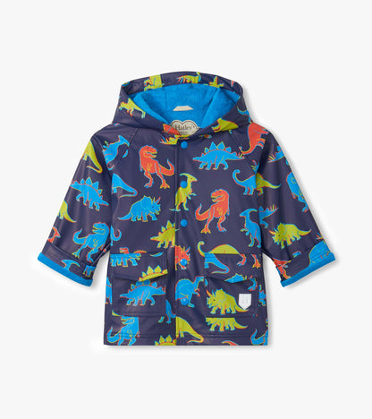 Navy hooded rain jacket with colorful dinosaur print, front view, button-up closure and flap pockets