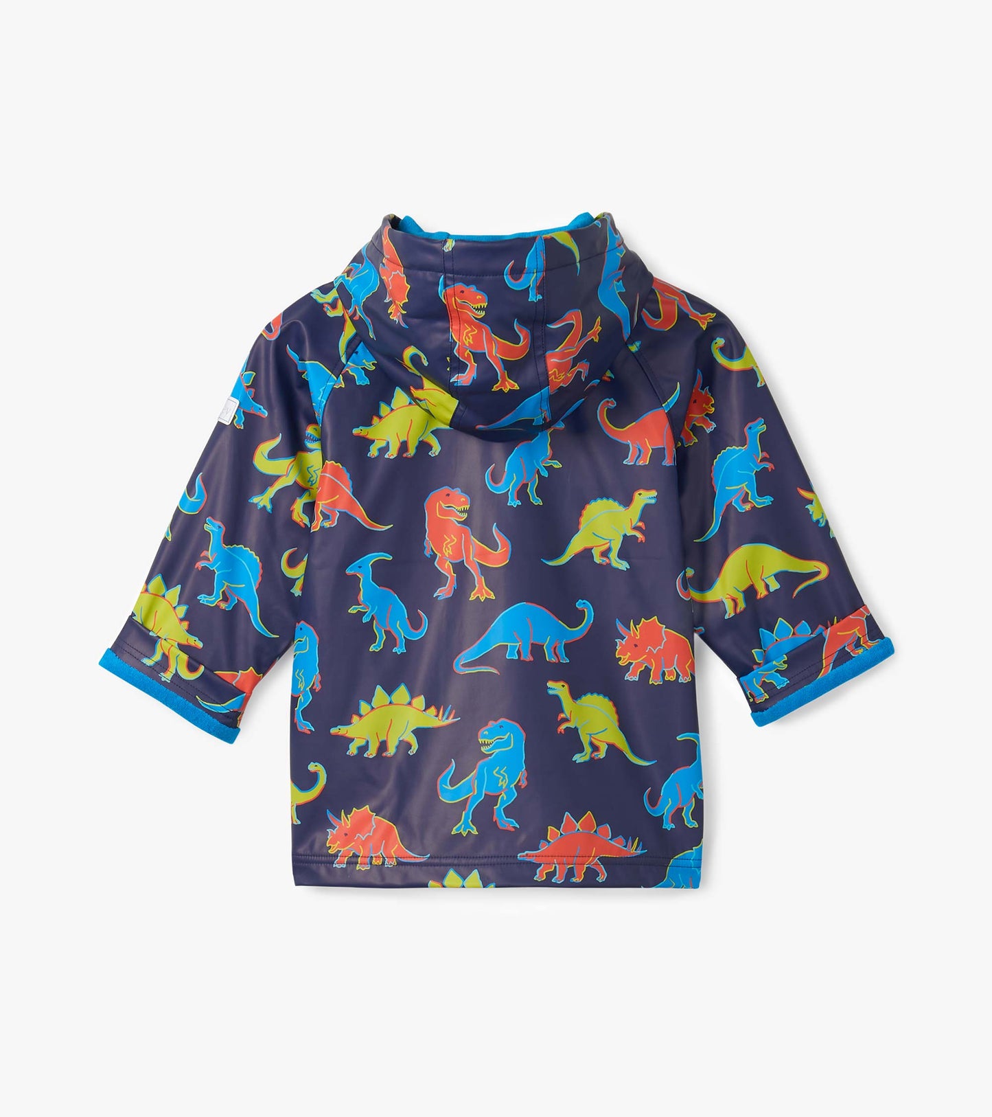 Navy hooded rain jacket with colorful dinosaur print, front view, long sleeves and blue trim
