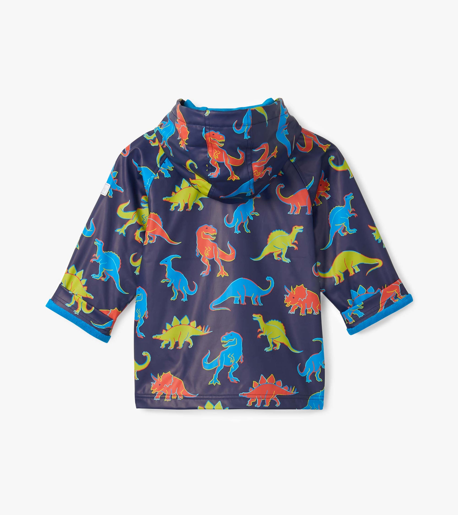 Navy hooded rain jacket with colorful dinosaur print, front view, long sleeves and blue trim