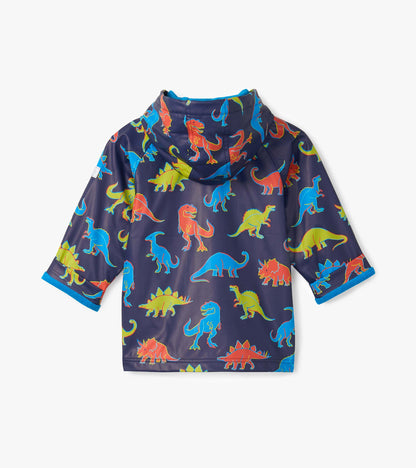 Navy hooded rain jacket with colorful dinosaur print, front view, long sleeves and blue trim