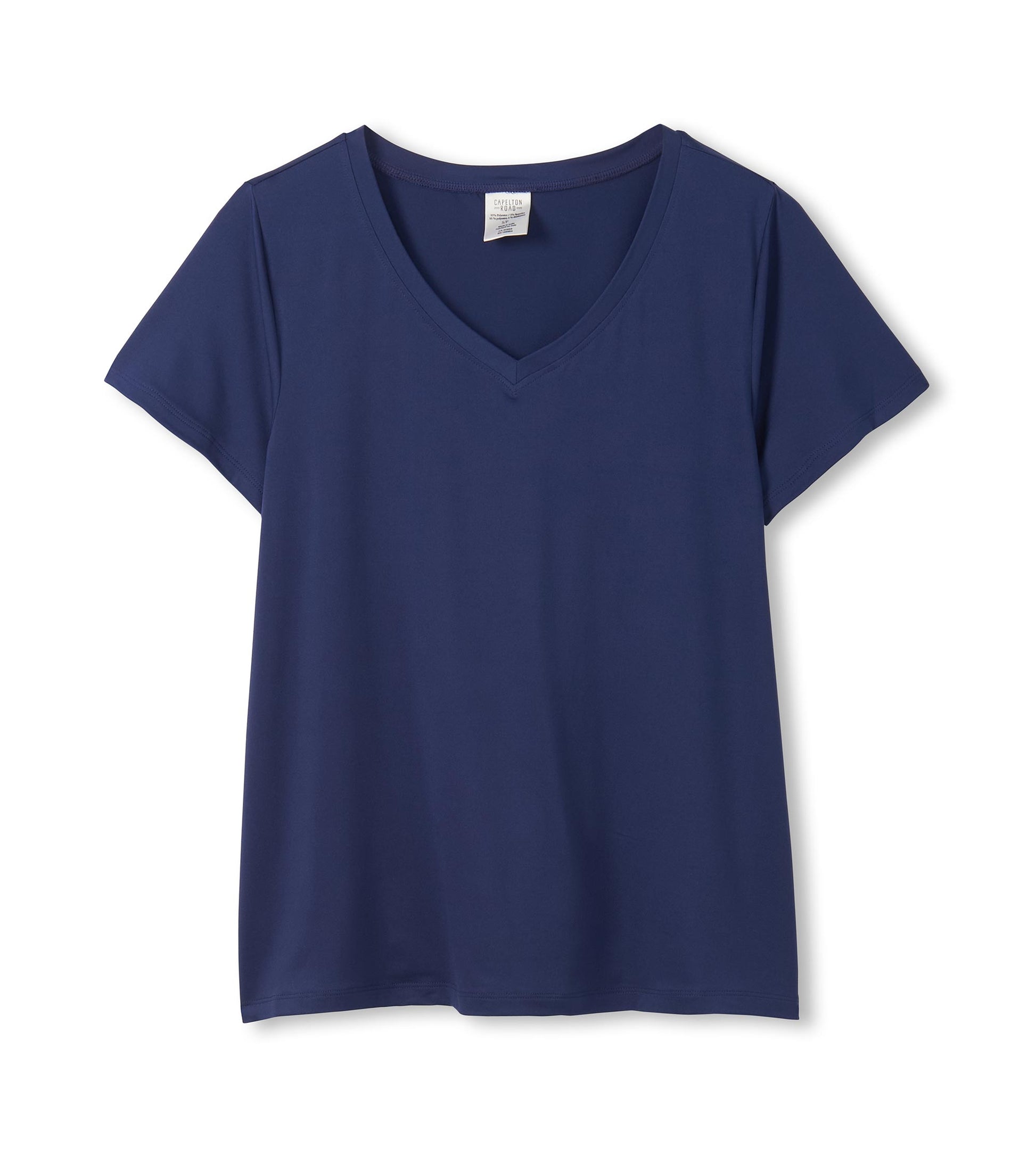 Navy short-sleeve V-neck T-shirt with a smooth knit finish, shown front view on a white background