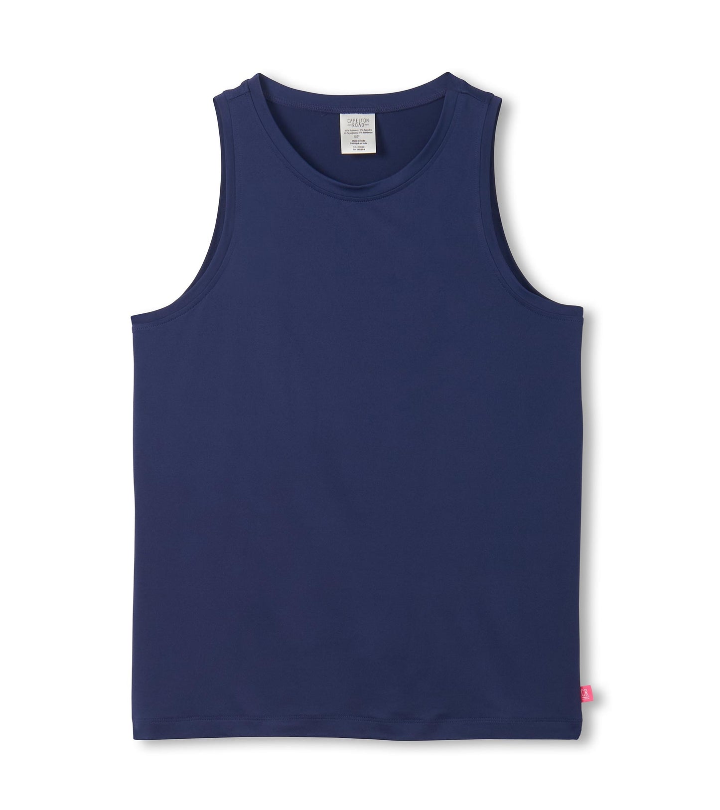 Navy sleeveless scoop neck tank top with a smooth, solid knit finish, front view.
