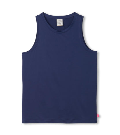 Navy sleeveless scoop neck tank top with a smooth, solid knit finish, front view.
