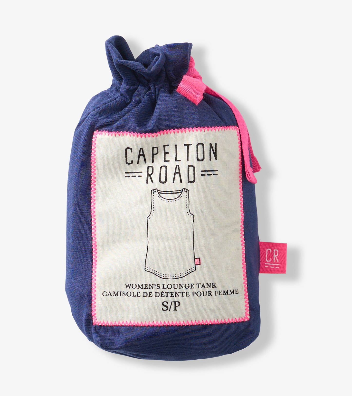 Navy polyknit tank top folded in a drawstring pouch with pink trim and a printed tank outline label