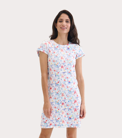 Women's Sailboat Print Crew Neck T-Shirt Dress
