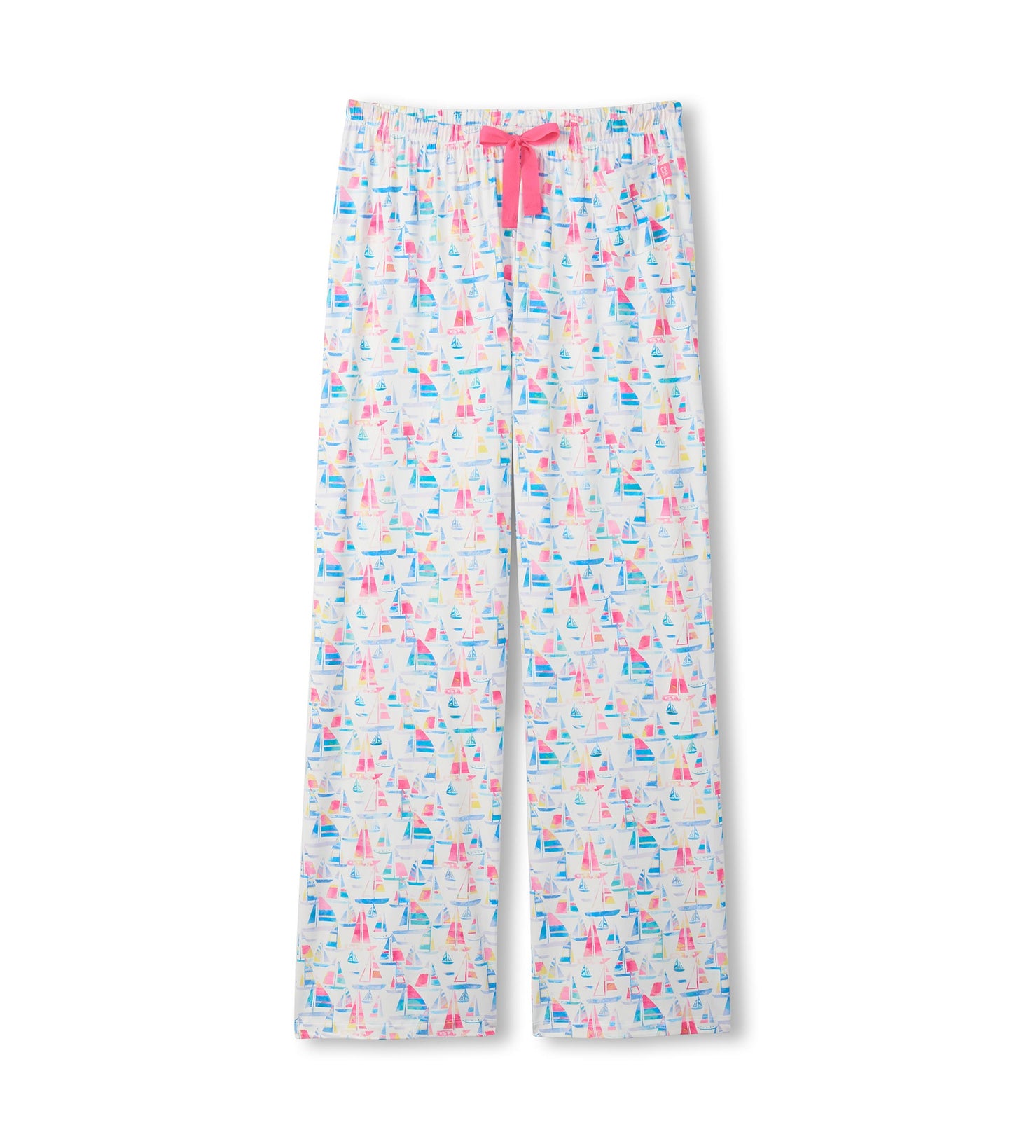 White pajama pants with colorful sailboat print and pink drawstring waistband, front view