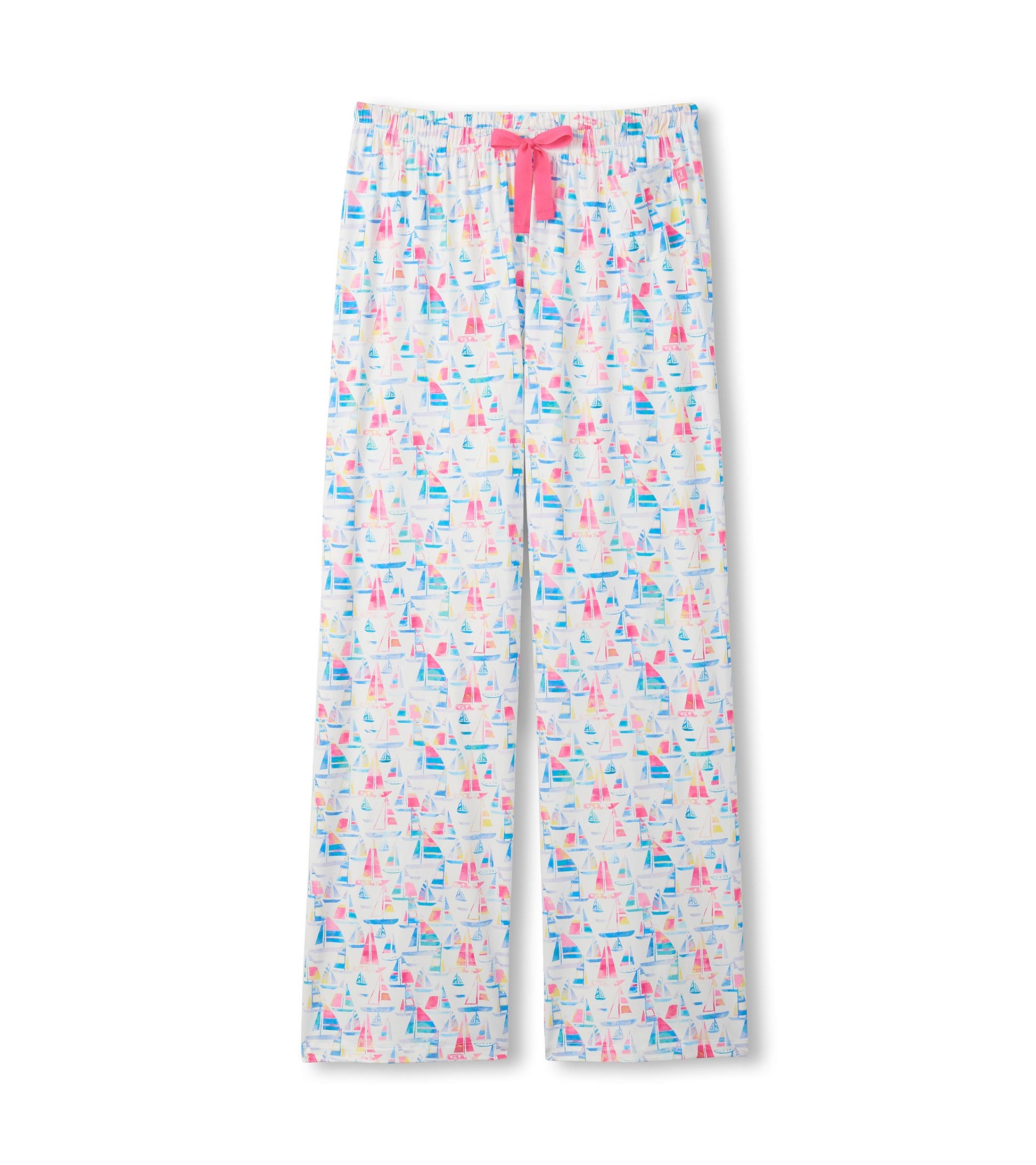 White pajama pants with colorful sailboat print and pink drawstring waistband, front view