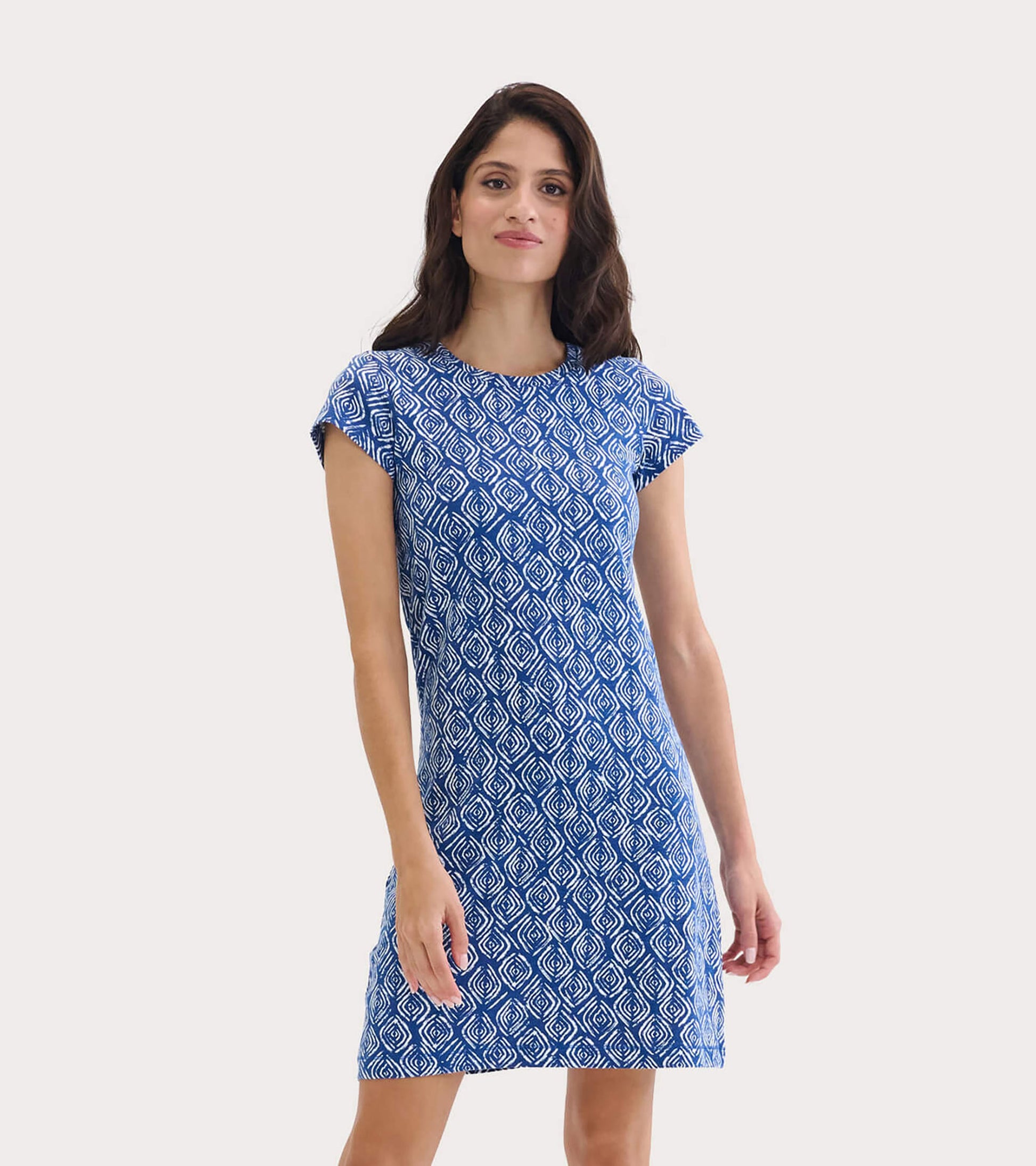 Blue crew neck t-shirt dress with a diamond pattern and short sleeves, suitable for casual wear.