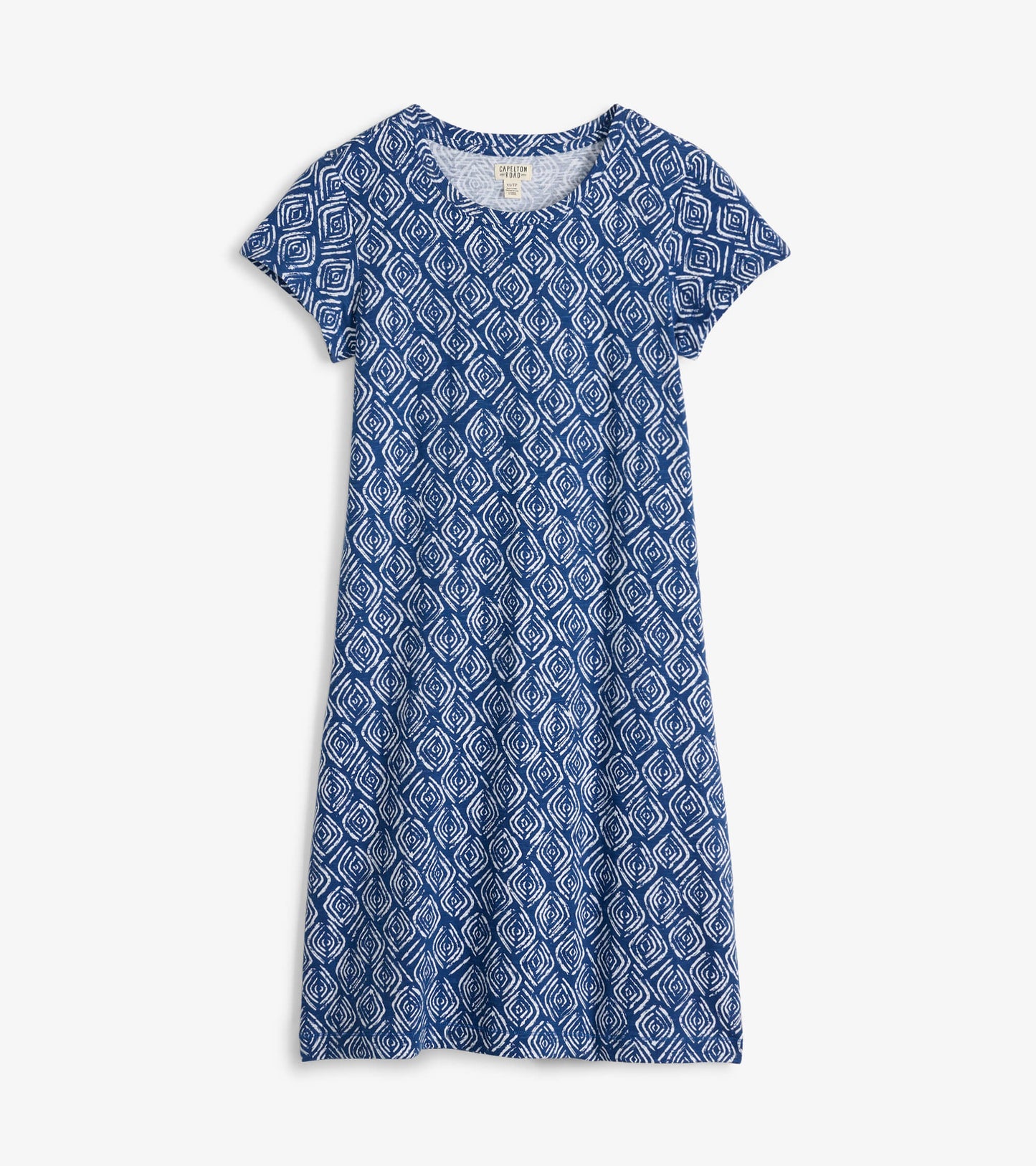 Blue crew neck t-shirt dress featuring a diamond pattern and short sleeves, suitable for casual wear.