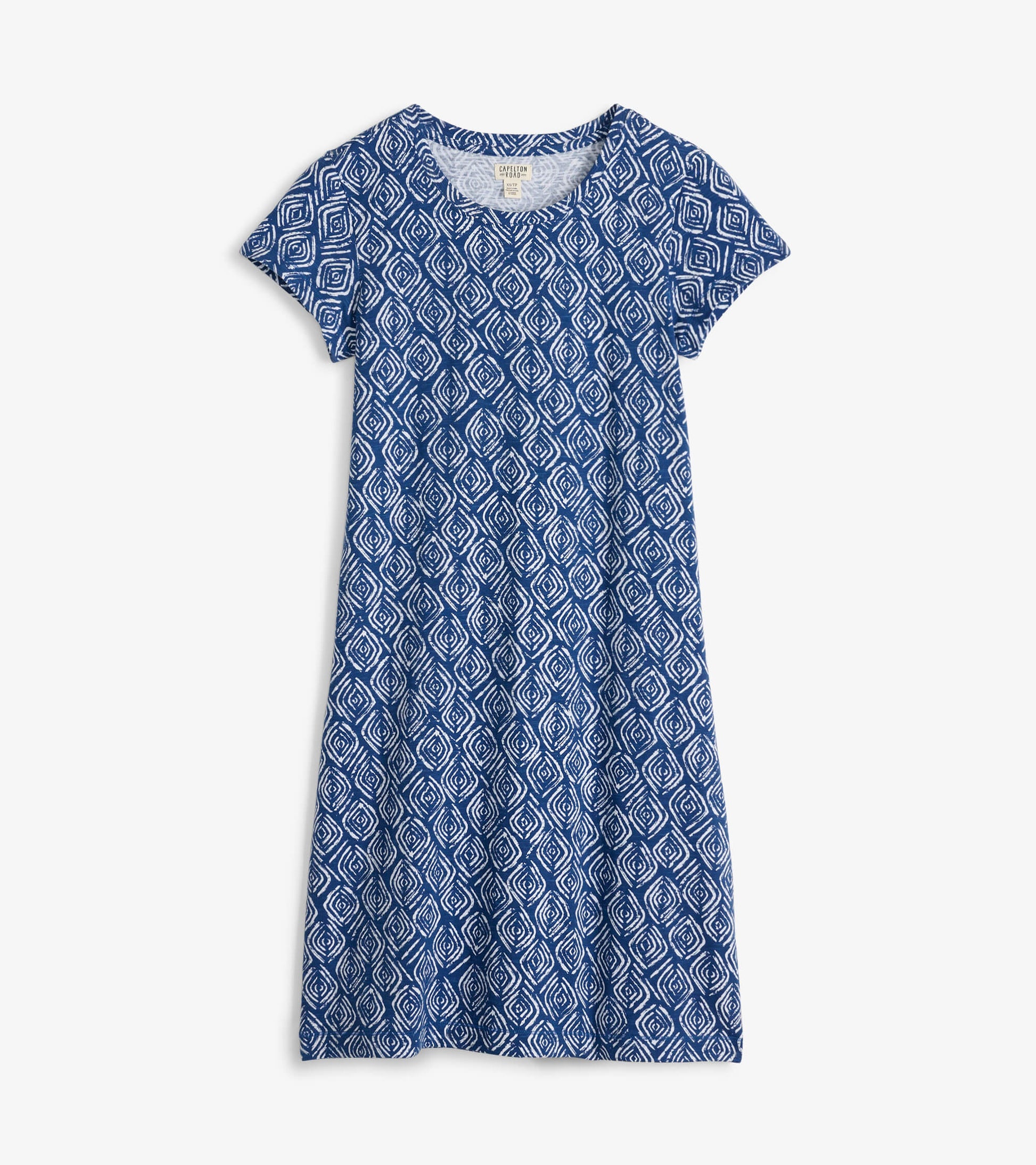 Blue crew neck t-shirt dress featuring a diamond pattern and short sleeves, suitable for casual wear.