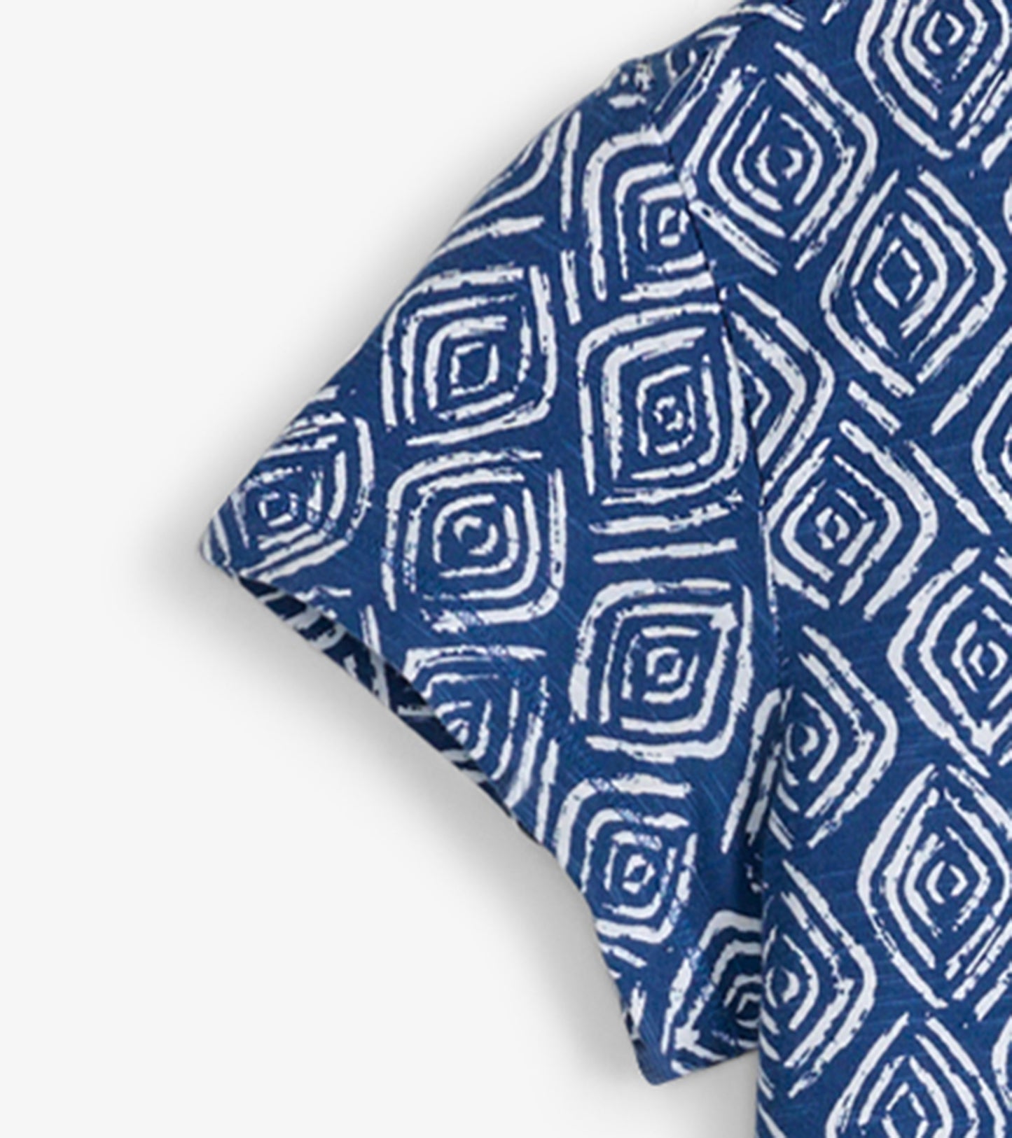 Blue crew neck t-shirt dress featuring a white geometric pattern, short sleeves, and a relaxed fit.